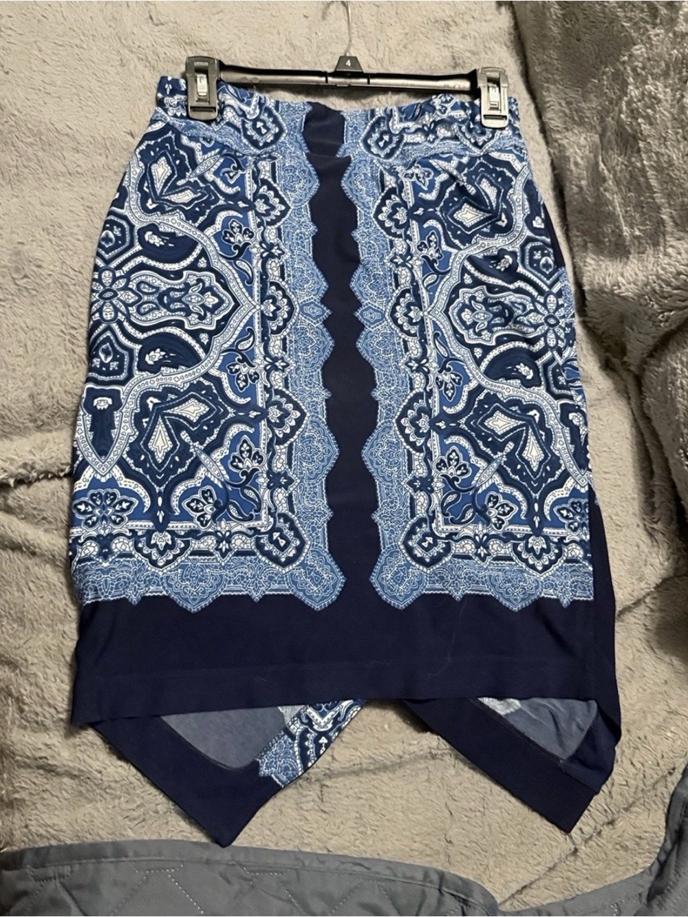 Joseph Ribkoff Navy and Light Blue Paisley Asymmetrical Hem Skirt